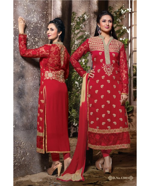 Kiteshop Divyanka Tripathi Red Embroidered Straight Salwar Suit